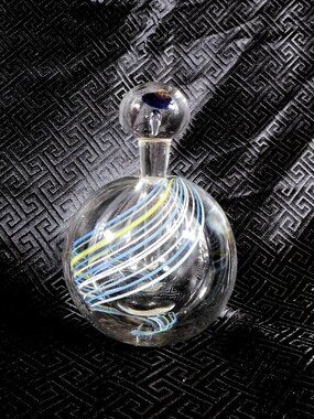 Clear Round Perfume Bottle with Blue and Yellow Lines # 26079